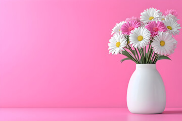 Fototapeta premium Fresh bouquet of white and pink daisies in white vase on vibrant pink background 