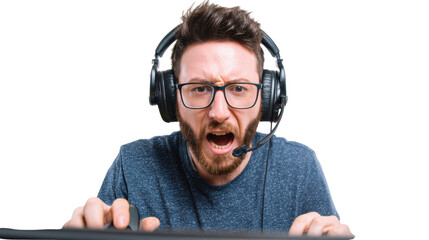 Frustrated gamer shouting into a headset while playing video games, intense emotion, isolated background