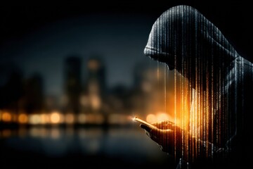 Cyber Vigil: A cloaked figure hunched over a glowing smartphone, silhouetted against a blurred cityscape, embodying the enigmatic essence of modern digital apprehension and internet era insecurity.