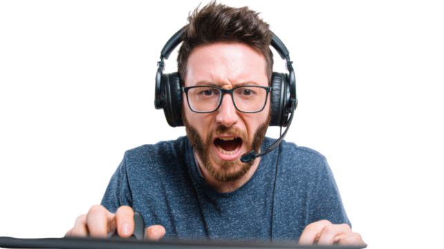 Frustrated gamer shouting into a headset while playing video games, intense emotion, isolated background - Powered by Adobe