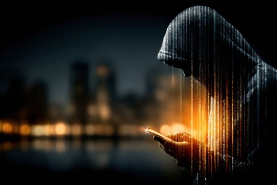 Cyber Vigil: A cloaked figure hunched over a glowing smartphone, silhouetted against a blurred cityscape, embodying the enigmatic essence of modern digital apprehension and internet era insecurity.