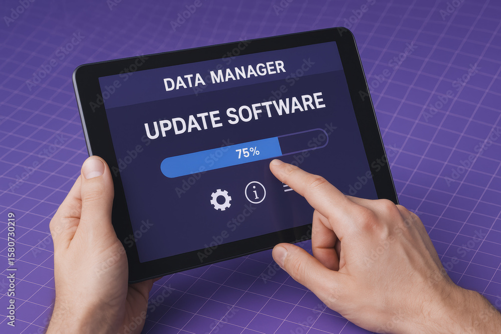 Poster a close-up hands interacting with a tablet displaying software update progress emphasizes data manag