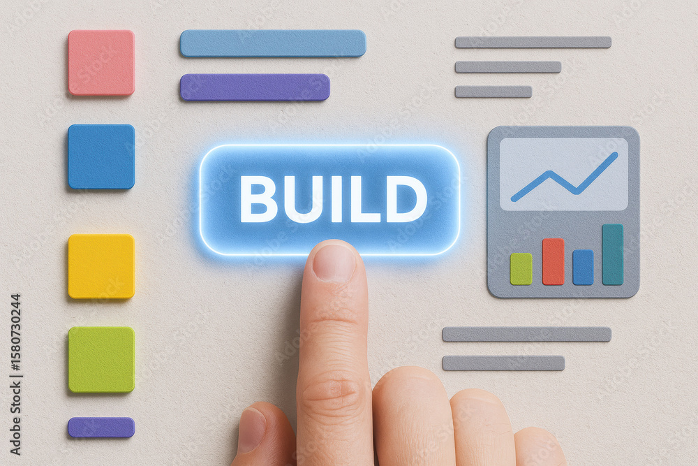 Poster a pressing a glowing button on a textured interface symbolizes development and strategic growth with