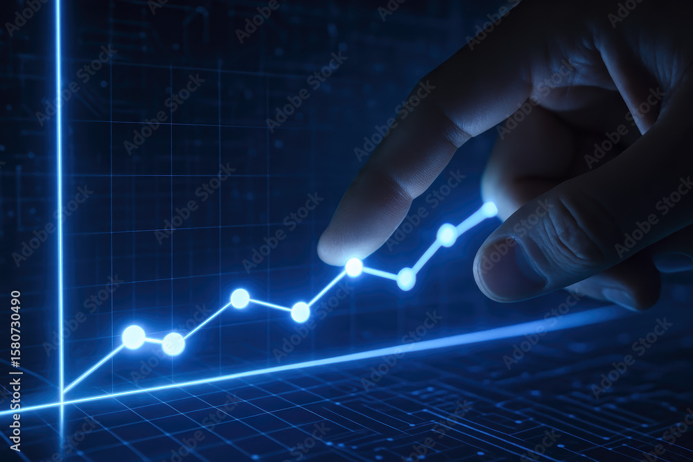 Poster analyzing progress through a glowing data chart highlights strategic growth and decision-making in a