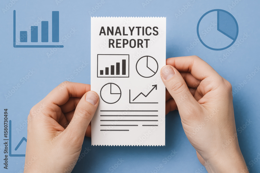 Poster an analytics report held between hands highlights data visualization and growth trends essential for