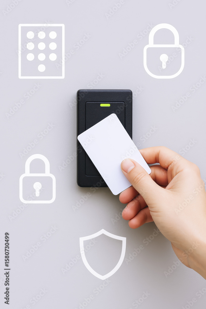 Poster a holding a swipe card activates secure access control highlighting protection and entry management 