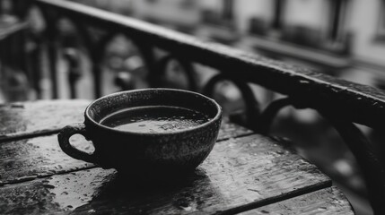 A grayscale cup of coffee or tea on a wet wooden table, overlooking a rainy cityscape