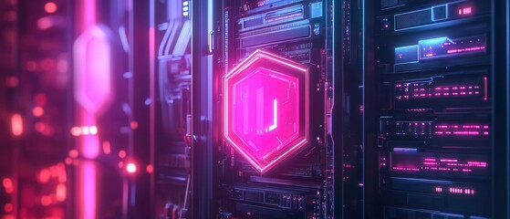 Glowing digital shield surrounding data server rack particle effects cyberpunk color scheme cybersecurity concept