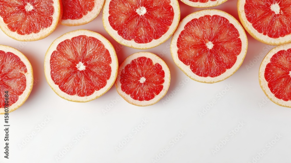 Poster fresh grapefruit halves arranged diagonally on a clean white surface with empty space above