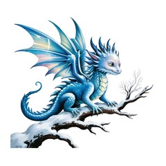 Icy Scaled Snow Dragon Perched on Frosty Branch &ndash; Winter Magic