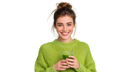Happy woman enjoying a healthy green smoothie, wearing a cozy green sweater.