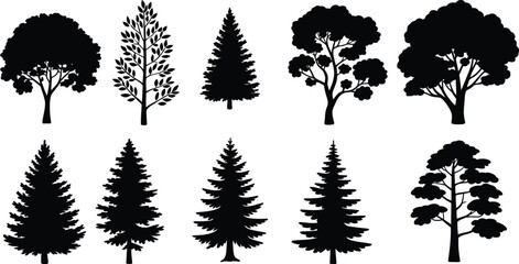 Obraz premium Diverse collection of tree silhouettes in vector format showcases varying shapes and forms, perfect for nature-themed designs and graphic resources.eps