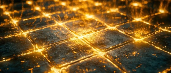 Glowing grid lines over obsidian surface intersecting golden nodes scifi interface aesthetic