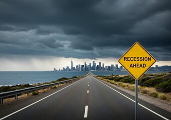 Road leads to city skyline under stormy clouds