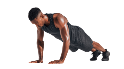 Man performing push-ups, showcasing strength and fitness on a white isolated background.