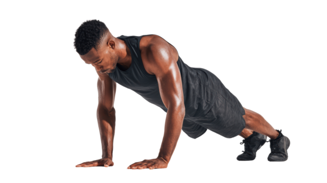 Man performing push-ups, showcasing strength and fitness on a white isolated background.