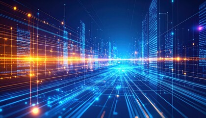 Futuristic digital cityscape with glowing blue and orange lines, symbolizing technology, data, and advanced virtual connectivity.