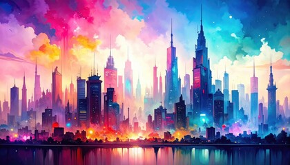 Vibrant, colorful futuristic city skyline reflected on water, with glowing lights and dramatic clouds in the sky.