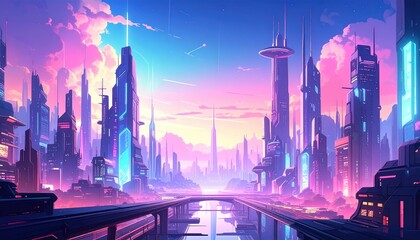 Futuristic cityscape with neon-lit skyscrapers, flying vehicles, and a vibrant sunset sky in pastel colors.