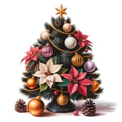 Elegant Black Tree with Poinsettias, Pinecones, and Golden Decorations