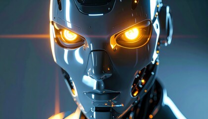 Futuristic robot with glowing orange eyes, metallic face, and advanced technology in a sci-fi setting.