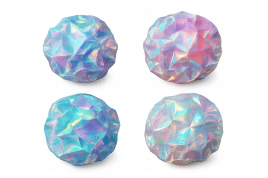 Iridescent geometric spheres reflecting pastel hues, displaying multifaceted surfaces against transparent backdrop with contemporary abstract aesthetic - Powered by Adobe