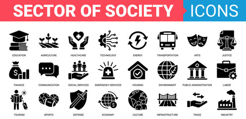 Sector of society icon set. Vector illustration concept containing icon of agriculture, education, healthcare, energy, technology, transportation, arts, justice and more. Black color icons collection.