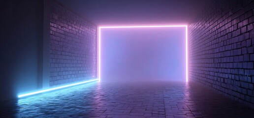 Neon-lit corridor with brick walls