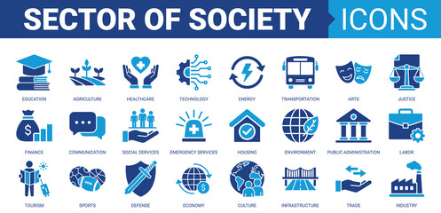 Sector of society icon set. Vector illustration concept containing icon of agriculture, education, healthcare, energy, technology, transportation, arts, justice and more. Solid color icons collection