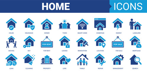 Home icon set. Vector illustration concept containing icon of house, property, loan, town, landlord, insurance, location, mortgage, for sale and more. Solid color icons collection.