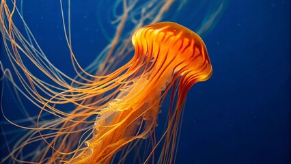 Orange jellyfish swimming in the deep blue sea, close-up