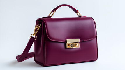 Stylish Burgundy Leather Handbag with Gold Clasp on White Background
