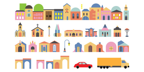 Set of colorful stylized illustrations featuring buildings, shops, lighthouse, cars, arches, and urban street elements arranged in an organized layout