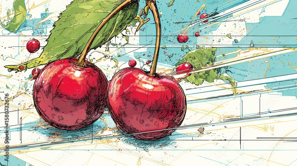 Poster graphic novel style cherries in motion with vibrant colors and dynamic lines creating a sense of ene