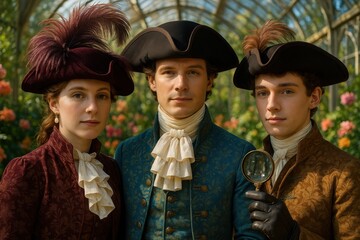 Trio in Feathered Hats, Silk Jabots, and Brocade Waistcoats Inside Flowered Conservatory

