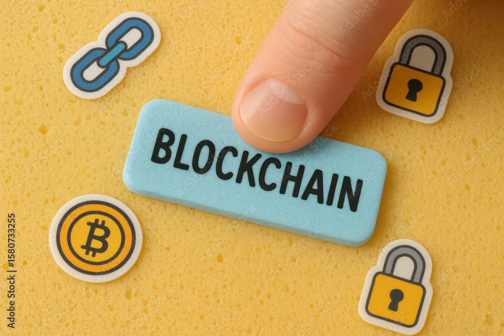 Poster a pressing a soft foam label symbolizes secure digital transactions and decentralized chain networks