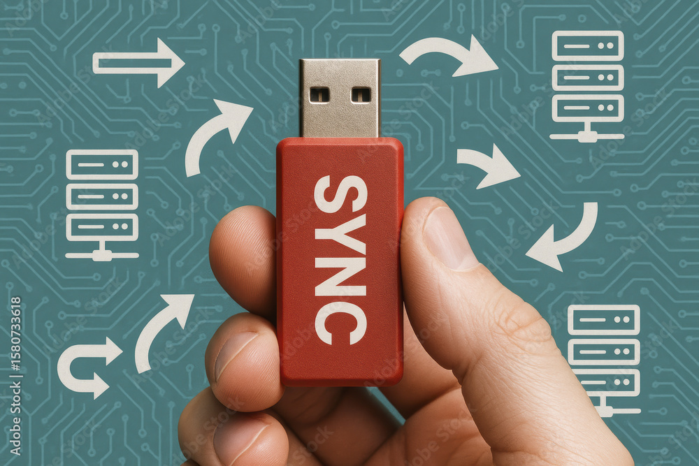 Poster the concept data synchronization is illustrated by a holding a red usb device amid digital circuits 