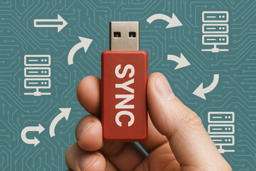 The concept data synchronization is illustrated by a holding a red USB device amid digital circuits and directional arrows representing information between servers