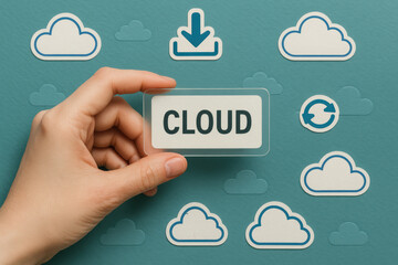 A presents a clear cloud label among icons symbolizing data transfer and synchronization for digital workflows