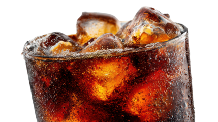 Refreshing cola beverage with ice cubes, perfect for summer.