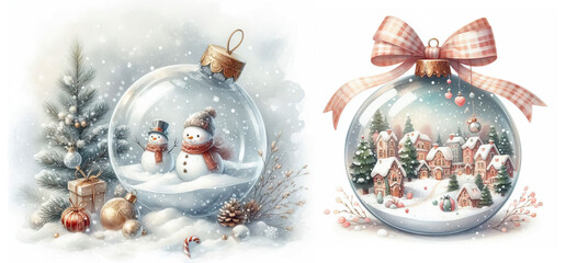 PNG Festive  set  Glass ball  Christmas Watercolor style card ,Christmas decor