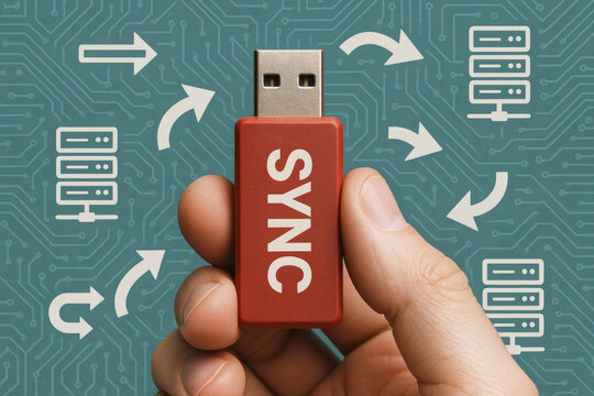 The concept data synchronization is illustrated by a holding a red USB device amid digital circuits and directional arrows representing information between servers