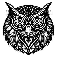 Obraz premium Vector owl face symmetrical, stencil-like black and white design with detailed circular and chevron eyes and feathers