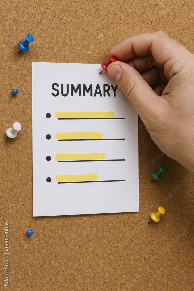 Poster a organizes key points on a corkboard summary sheet highlighting priorities for clear communication 
