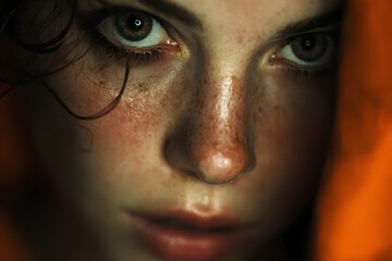 Scary female face with helloween horror grimm. Orange background.