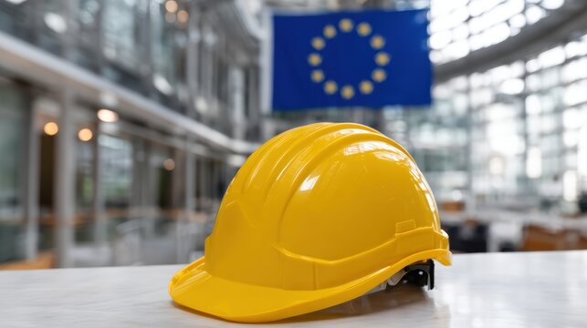Yellow construction helmet on table in modern building with european flag for industry safety design