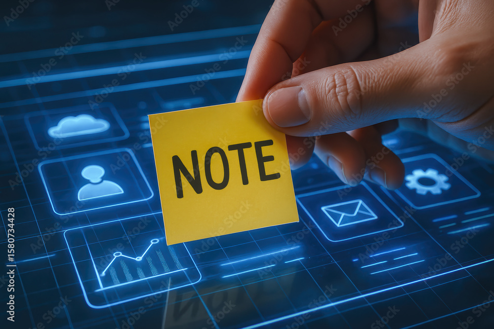 Poster a places a virtual note on a digital interface symbolizing organization and communication in busines