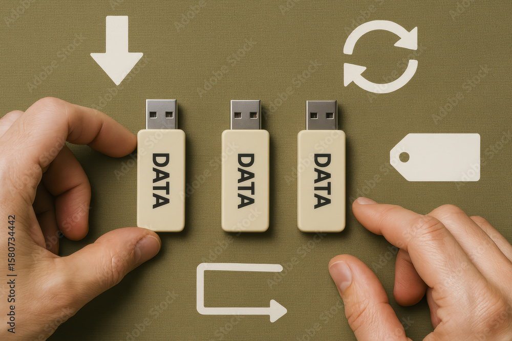 Poster organizing digital storage devices symbolizes efficient data management and information in modern bu
