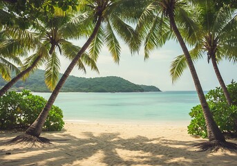 Framed view of a tropical beach with palm trees