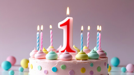 Pastel pink birthday cake with number one candle and burning candles. Decorated with colorful candies. First birthday celebration concept, close-up on soft background